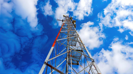 A towering communication structure stretches upward against a vibrant blue sky filled with clouds, representing modern technological infrastructure.の素材
