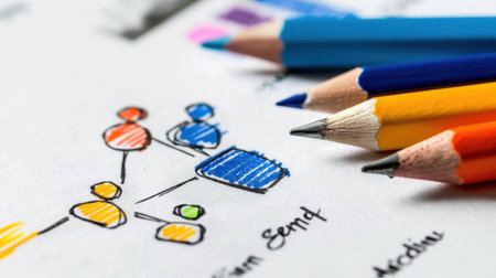 A vibrant arrangement of colored pencils beside a detailed business diagram, symbolizing creativity and strategic planning in a workspace setting.の素材