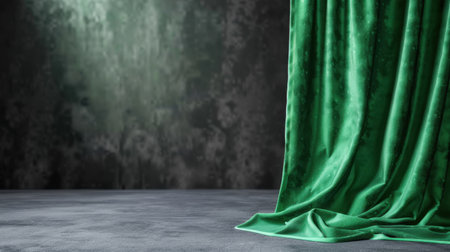 A vibrant green satin fabric drapes elegantly on a smooth floor, creating a stunning visual against a dark, textured wall. The soft lighting enhances the luxurious ambiance, perfect for artistic or decorative inspiration in various settings.の素材