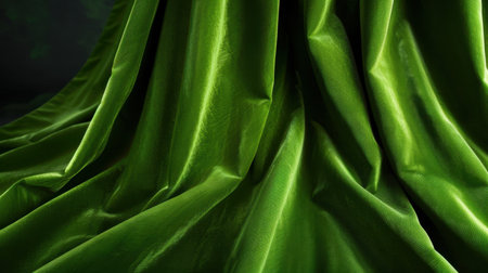 This image showcases an elegant drapery of vibrant green fabric, featuring rich textures and soft light, perfect for design projects and backgrounds.の素材