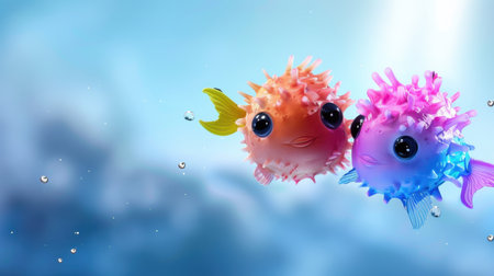 Two colorful cartoon fish with bright eyes and playful expressions swim gracefully underwater, creating a whimsical scene filled with joy and vibrant energy.の素材
