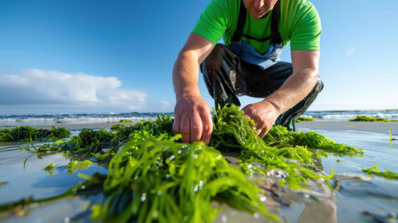 A dedicated man harvests fresh seaweed along the shoreline, under a bright blue sky, showcasing the harmony between nature and sustainable practices.の素材
