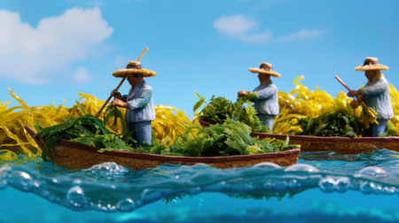This vibrant image features miniature fishermen diligently collecting seaweed in colorful boats, set against a backdrop of tranquil blue waters and bright algae.の素材