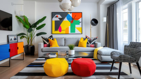 Stylish modern living room featuring vibrant colors, artistic decorations, and a comfortable atmosphere, perfect for contemporary home aesthetics.の素材