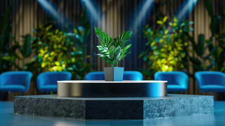 This image features a modern indoor stage with a green plant centerpiece, surrounded by stylish blue chairs and ambient lighting, ideal for events and exhibitions.の素材