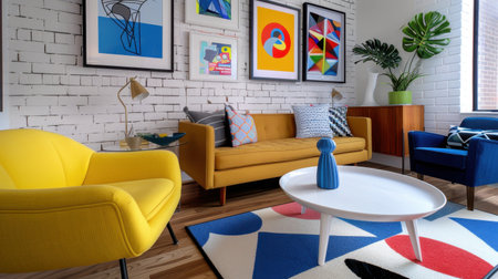 This cozy living room showcases a blend of colorful furniture and modern art, featuring a stylish yellow chair, blue seating, and an inviting atmosphere.の素材