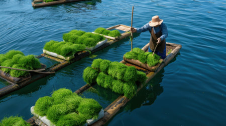 A fisherman skillfully harvests lush green seaweed on traditional rafts, surrounded by tranquil blue waters and bright sunlight. This vibrant scene captures the essence of marine agriculture and sustainability.の素材