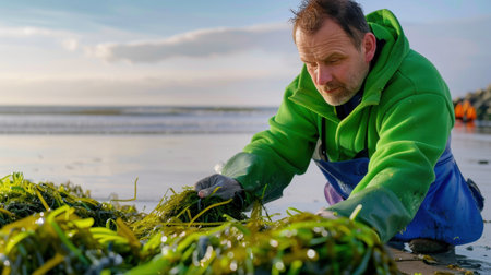 A dedicated fisherman gathers fresh seaweed from the shoreline during a breathtaking sunset. The tranquil ocean serves as a picturesque backdrop for this sustainable practice.の素材