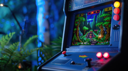 A close-up shot of a retro arcade machine featuring a vibrant game screen set against a lush green backdrop, creating a nostalgic gaming atmosphere.の素材