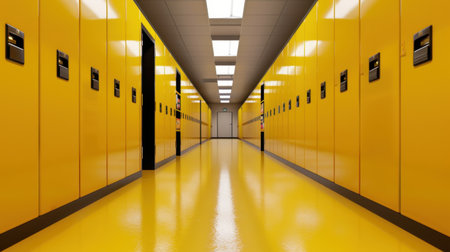 A vibrant storage facility corridor features bright yellow lockers lining smooth floors. The modern design offers a clean and organized space, ideal for rental services.の素材