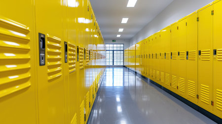 Vibrant and clean hallway featuring bright yellow lockers, perfect for educational or recreational settings. The well-lit space emphasizes modern design and organization.の素材