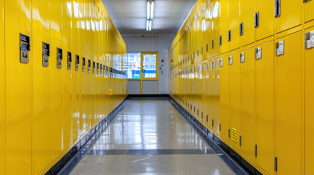 A vibrant hallway featuring rows of bright yellow lockers. The clean floor and modern lighting create an inviting educational space ideal for students.の素材