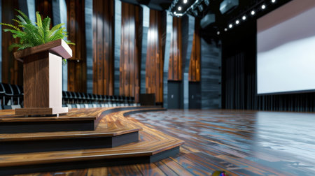 This image showcases a modern conference hall featuring a stylish podium and empty seating arrangement, ideal for a variety of professional events.の素材