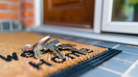 A close-up view of keys resting on a welcome mat at a front entryway, showcasing a wooden door and brick wall, symbolizing home and warmth.の素材