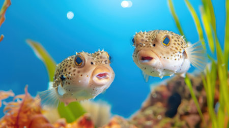 Two vibrant pufferfish swim gracefully among colorful coral in a clear blue ocean. This serene underwater scene showcases the beauty of marine life.の素材