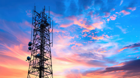 A breathtaking view of a communications tower silhouetted against a vibrant sunset sky filled with dramatic clouds. Ideal for technology and nature themes.の素材
