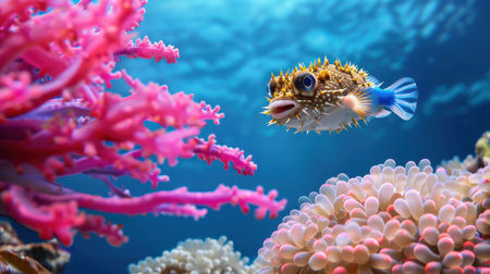 A stunning underwater photograph showcasing a pufferfish swimming gracefully among vibrant coral reefs, highlighting the beauty of marine life and ecosystems.の素材