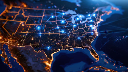 A captivating nighttime view of a map of the United States, showcasing illuminated urban areas and connectivity lines, representing modern technology and urban development.の素材