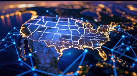 A stunning night aerial view of the United States, showcasing illuminated cities and a web of digital connectivity. Perfect for technology themes.の素材