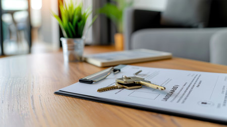 A close-up view of keys resting on a document with a clipboard on a modern living room table, capturing the essence of real estate transactions.の素材