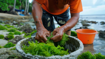 A fisherman skillfully harvests fresh seaweed along a serene tropical shoreline, showcasing the beauty of sustainable marine agriculture and local livelihoods.の素材