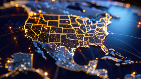 A stunning 3D visualization showcasing North America at night, featuring bright lights of urban areas and illustrating themes of connectivity and geography.の素材
