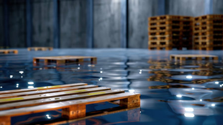 This intriguing image captures wooden pallets floating on a serene water surface in an industrial environment, showcasing reflective textures and dramatic lighting.の素材