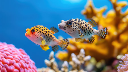 Two colorful pufferfish swim gracefully in a vibrant coral reef setting, showcasing their unique patterns against the lush underwater backdrop.の素材