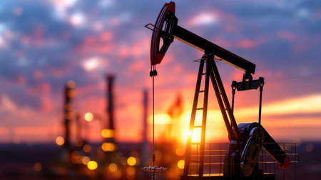 A striking sunset view of an oil pump jack in an energy field, highlighting industrial machinery against a beautiful sky, illustrating the oil and gas sector.の素材