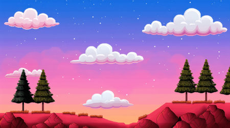 Vibrant cartoon landscape featuring pine trees, colorful sky, soft clouds, and rocky terrain during sunset. Ideal for artistic and serene visuals.の素材