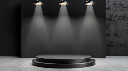 A sleek minimalist stage featuring three stylish spotlights casting light onto a central pedestal against a dark background. Ideal for artistic presentations.の素材