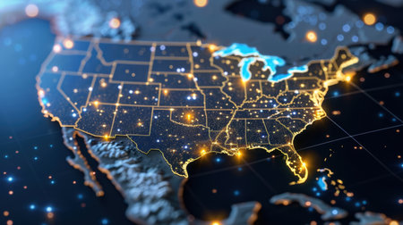 A stunning digital illustration of the United States highlighting major cities with bright lights on a dark background, perfect for technology and travel themes.の素材