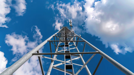 A striking image showcasing a tall metal tower reaching toward a brilliant blue sky adorned with fluffy clouds. The ground perspective emphasizes the height and structure, creating a captivating view.の素材