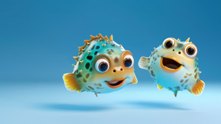 Two cute animated pufferfish with large expressive eyes and joyful smiles float playfully in a serene blue background, capturing the essence of fun and friendship in aquatic life.の素材