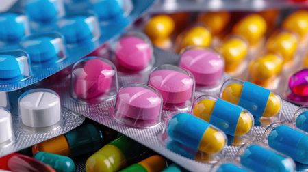 A vibrant collection of various medicine capsules and tablets displayed in blister packs, suitable for health and wellness visuals and pharmaceutical needs.の素材