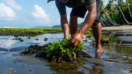 A man is engaged in harvesting seaweed along a tropical beach, highlighting sustainable aquaculture practices in a vibrant coastal ecosystem.の素材