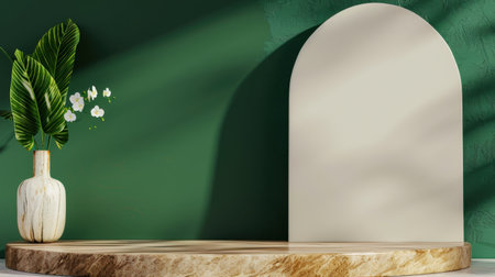 A serene minimalist interior scene featuring a wooden platform and a simple vase with flowers against a rich green wall. Perfect for showcasing elegant decor.の素材