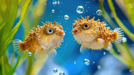 This captivating image features two vibrant puffer fish engaging in a playful encounter amidst bubbles and lush green aquatic vegetation, showcasing marine lifeの素材