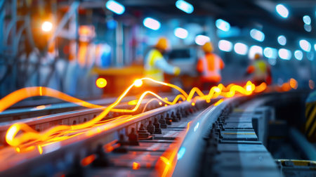 Workers are engaged in railway construction, surrounded by dynamic lights and energetic sparks in a vibrant industrial environment.の素材