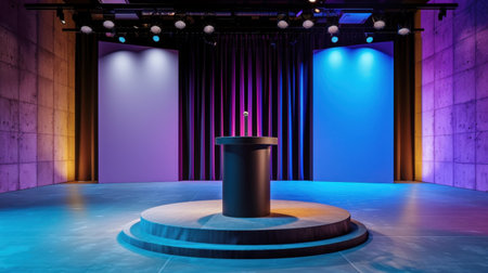 A sleek modern stage featuring a central podium surrounded by colorful lighting, ideal for presentations and speeches in a contemporary venue setting.の素材