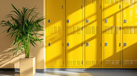 A vibrant scene featuring bright yellow lockers complementing a green potted plant. Sunlight streams through, casting dramatic shadows across the space.の素材