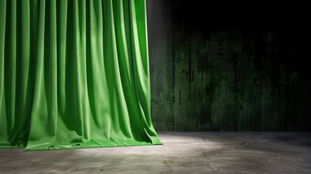 This image features a bright green velvet curtain elegantly draped over a dark, grungy wall and concrete floor, providing a striking backdrop for creative projects.の素材