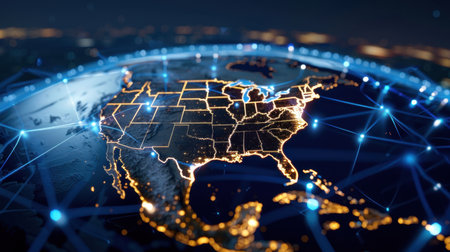 This stunning aerial view of North America at night highlights illuminated states and intricate network connections, embodying the essence of modern technology.の素材