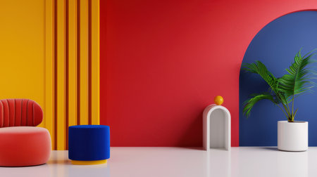 This image showcases a vibrant and modern interior design featuring colorful walls, stylish furniture, and a decorative plant, creating a lively atmosphere.の素材