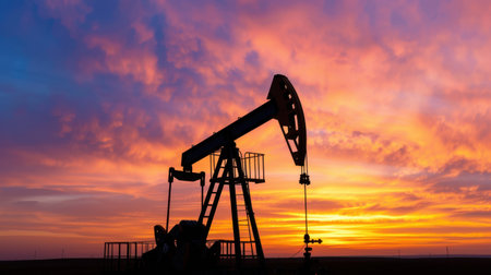 A dramatic silhouette of an oil pump jack amidst a breathtaking sunset, showcasing vibrant colors in the sky. The tranquil landscape highlights the energy industry's impact on nature.の素材
