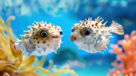 This captivating image showcases two charming puffer fish engaging in a playful interaction within a colorful coral reef. The vibrant underwater scene is rich with marine life and showcases the intricate beauty of ocean ecosystems.の素材