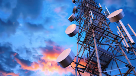 A striking image of a communication tower amidst a vibrant sunset sky, showcasing antennas and equipment, symbolizing modern connectivity and technology.の素材