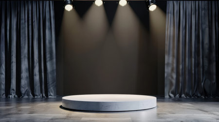 A minimalistic stage setup with spotlights and a dark, textured background, ideal for performances, presentations, or creative showcases in modern venues.の素材