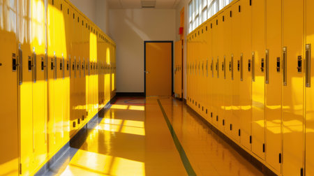 A lively school hallway featuring bright yellow lockers reflecting natural sunlight, creating an inviting and warm atmosphere perfect for educational settings.の素材
