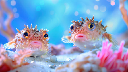 This enchanting image features two vibrant puffer fish curiously swimming among colorful coral in a stunning underwater scene full of life.の素材